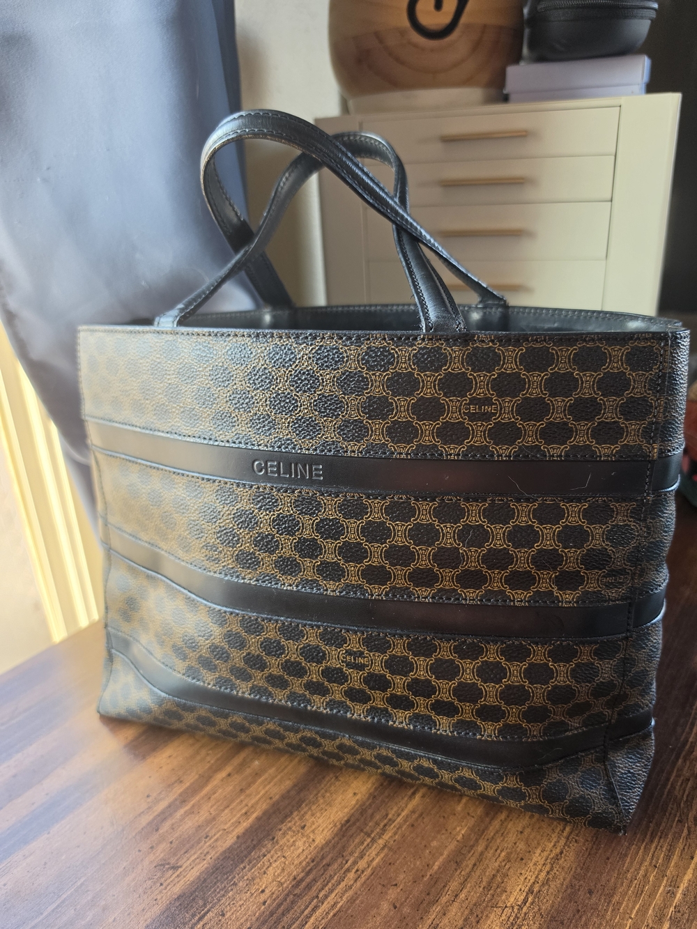 Celine Black and Brown Macadam Canvas Tote